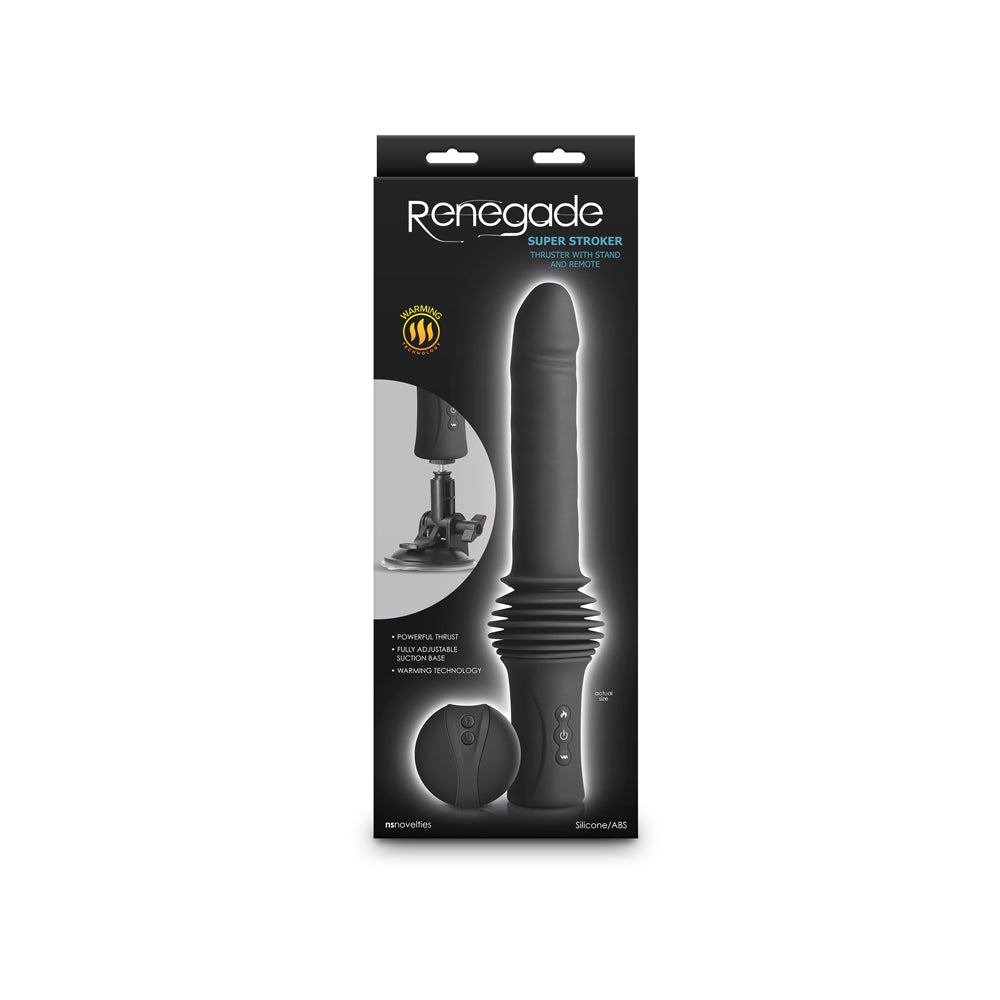 Renegade Super Stroker Thrusting Dildo Black packaging with features and controls highlighted.