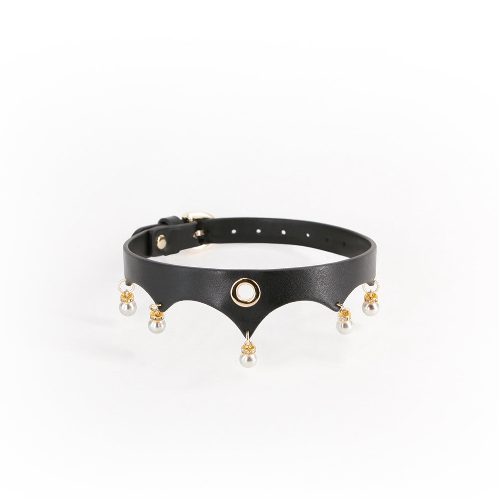 Hustler's Taboo Jezebel Collar Black featuring gold accents and pearls, perfect for elegant bondage and stylish submission.