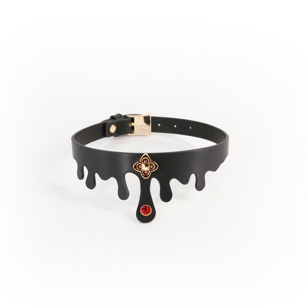 Hustler's Taboo Elvira Collar Black featuring a unique drip design and jeweled detailing for alluring bondage play.