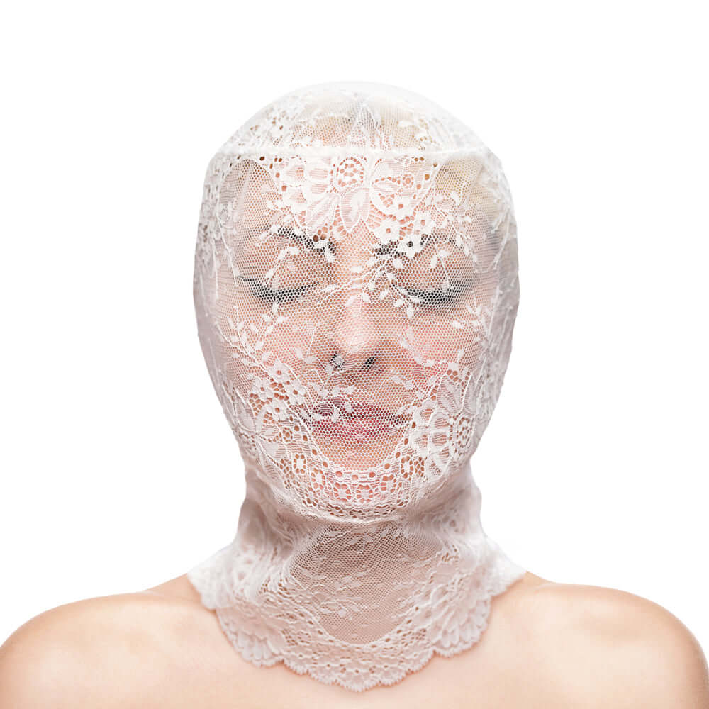 Hustler's Taboo Lace Hood White full-face lace covering for intimate power-play and allure.