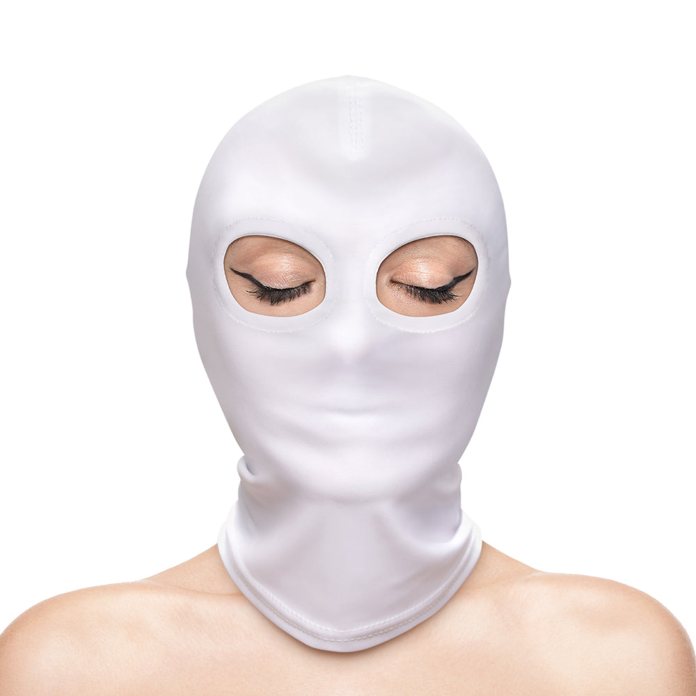 Hustler's Taboo Eyes Hood White full-head hood with eye openings, designed for sensual power-exchange play.
