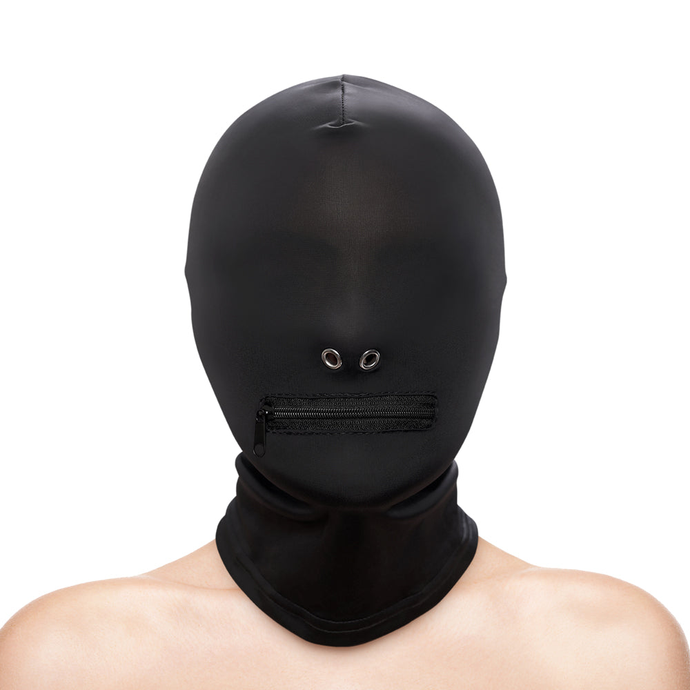 Hustler's Taboo Zippered Mouth Hood Black, snug sensory-deprivation hood with zippered mouth opening for control.