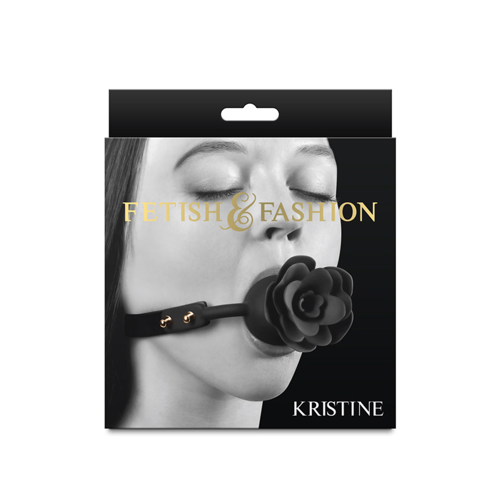 Fetish & Fashion Kristine Black Silicone Ball Gag packaging featuring a model demonstrating its design.