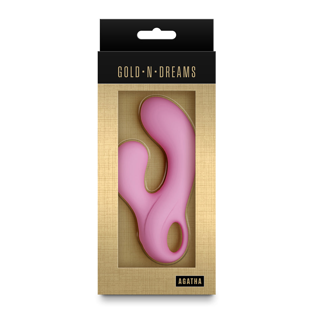 Gold-N-Dreams Agatha Rabbit Vibrator Rose Quartz in elegant packaging for dual stimulation and pleasure.