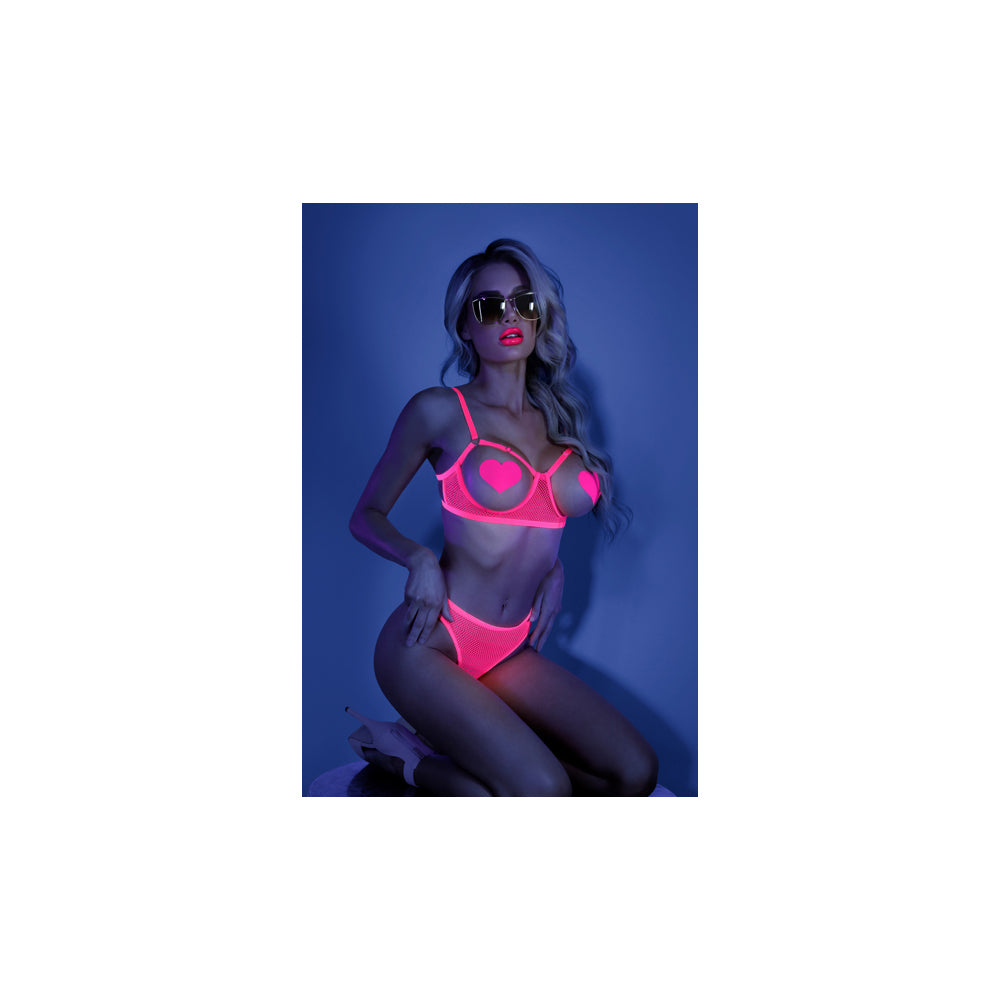 Sweet Escape Open Cup Bra & Crotchless Panty L XL in neon pink, model poses in stylish sunglasses.