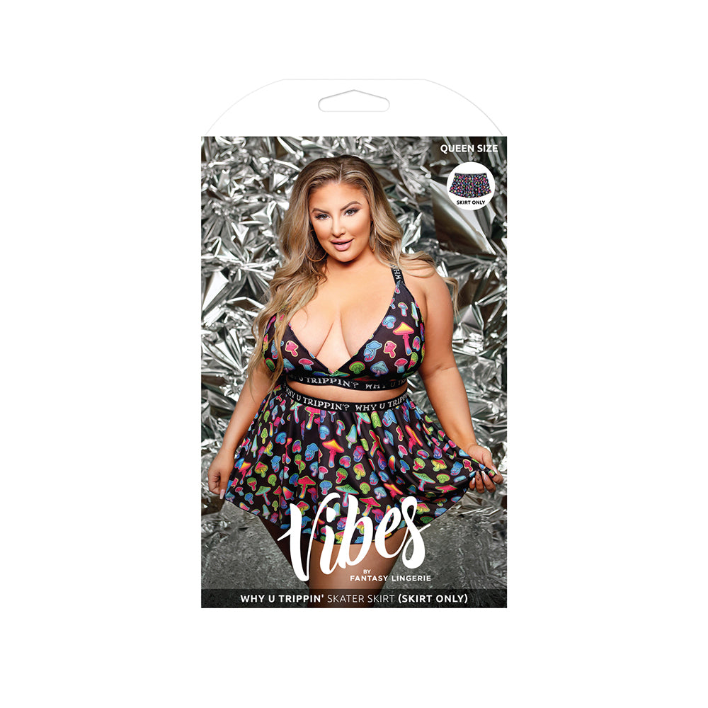 Why U Trippin' Skater Skirt Queen Size packaging featuring a model showcasing the bold design and UV reactive print.