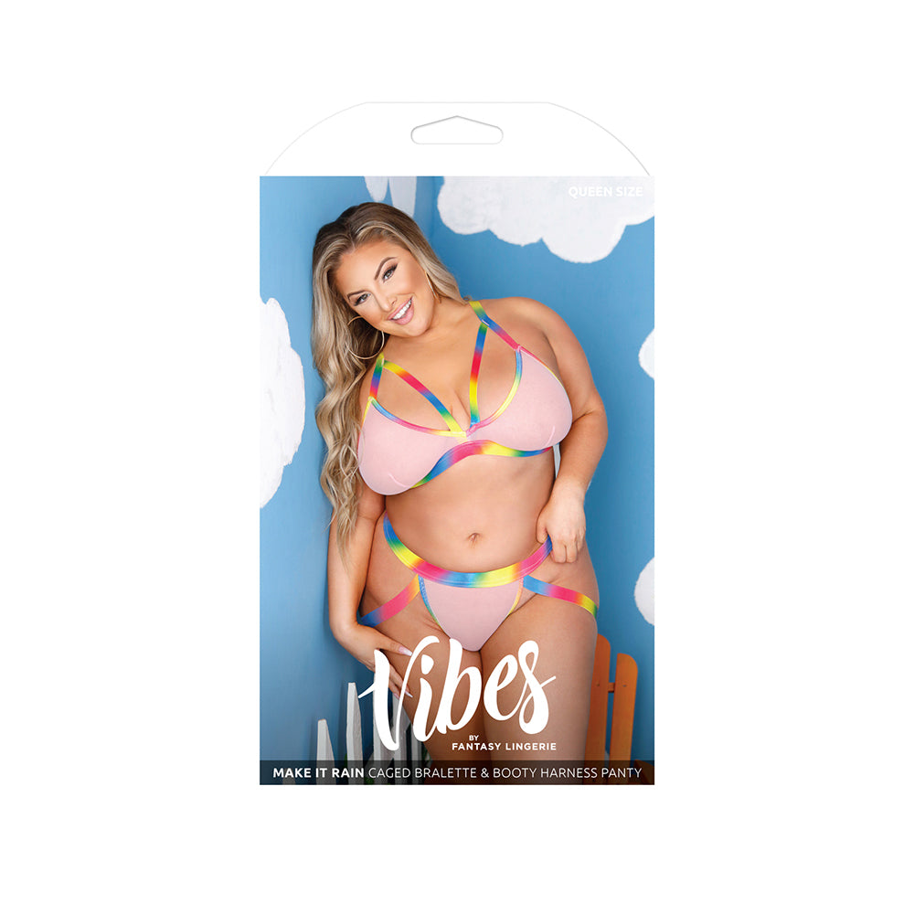 Make It Rain Caged Bralette & Booty Harness Panty Queen Size displayed on packaging with model in bold, colorful design.