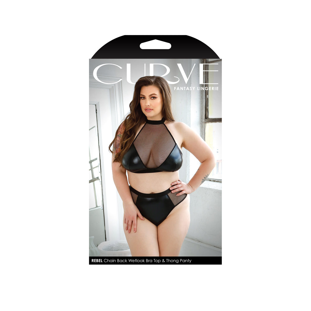Rebel Wetlook Bra Top & Panty Set Black 1X 2X featuring a model showcasing the high-neck design and matching thong panty.