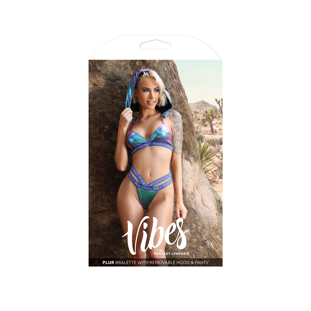Fantasy Lingerie Plur Bralette & Panty Set Aqua M L showcased on a model in a vibrant outdoor setting.