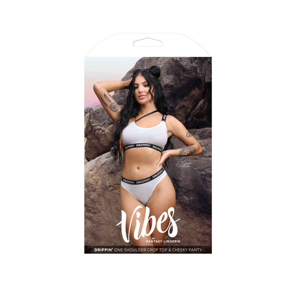 Drippin' One-Shoulder Crop Top & Cheeky Panty S M on a model showcasing the shimmering two-piece set from Fantasy Lingerie.