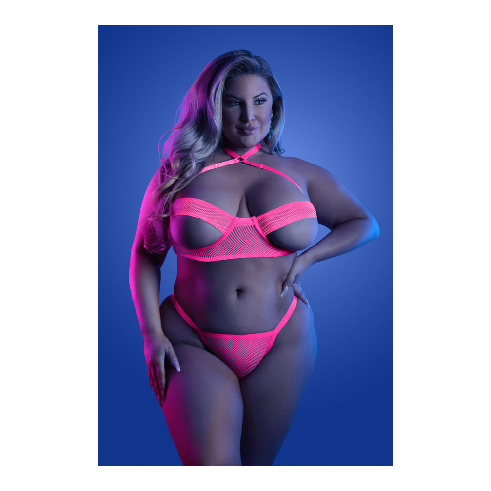 Slow Motion Peekaboo Cup Bra & Panty Queen Size in vivid neon pink on a model showcasing full curves.