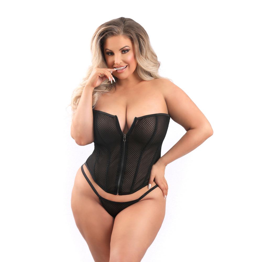 Zipper Front Mesh Overbust Corset & G-string Panty 2XL worn by model, showcasing sheer mesh design and flattering fit.