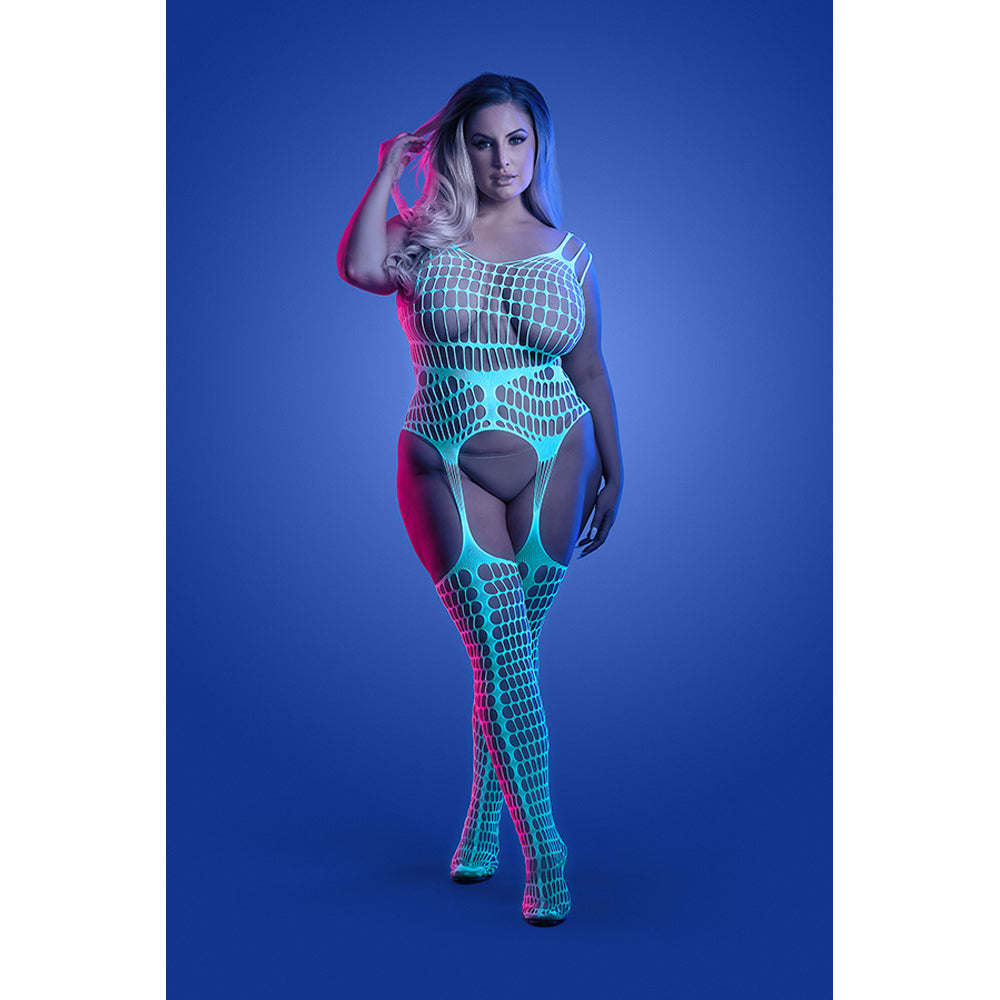 Timelapse Glow-in-the-Dark Bodystocking Queen Size displayed on model with glow effect against a blue background.