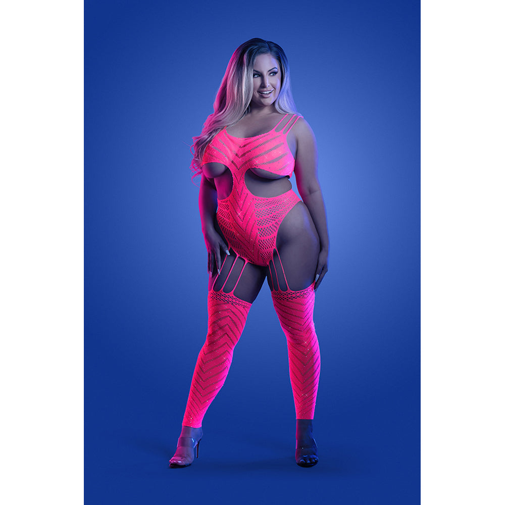 Wavelength Cutout Rhinestone Teddy Bodystocking Queen Size showcased on model in vibrant pink with daring cutouts against a blue background.