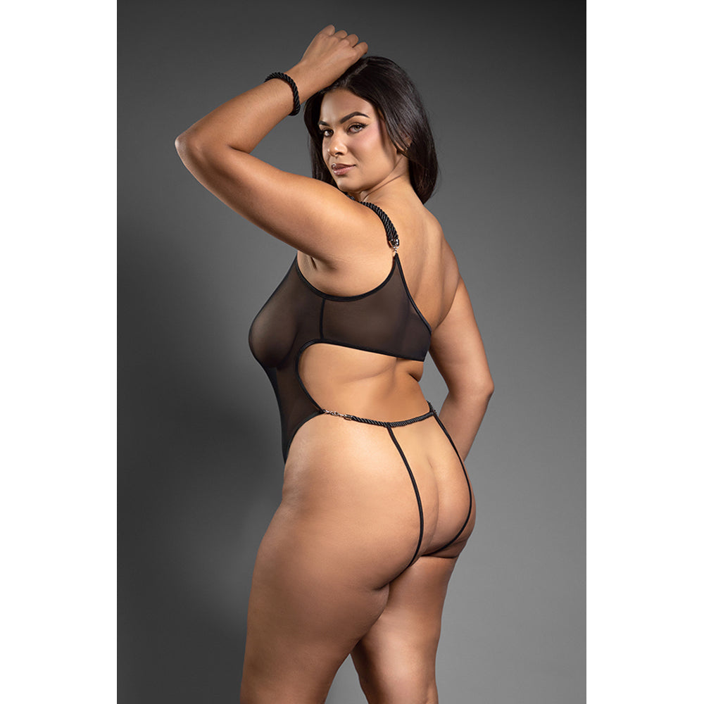 Fantasy Lingerie Rope Teddy & Cuffs Black Queen Size showcasing a one-shoulder design with sheer mesh and twist rope detailing.