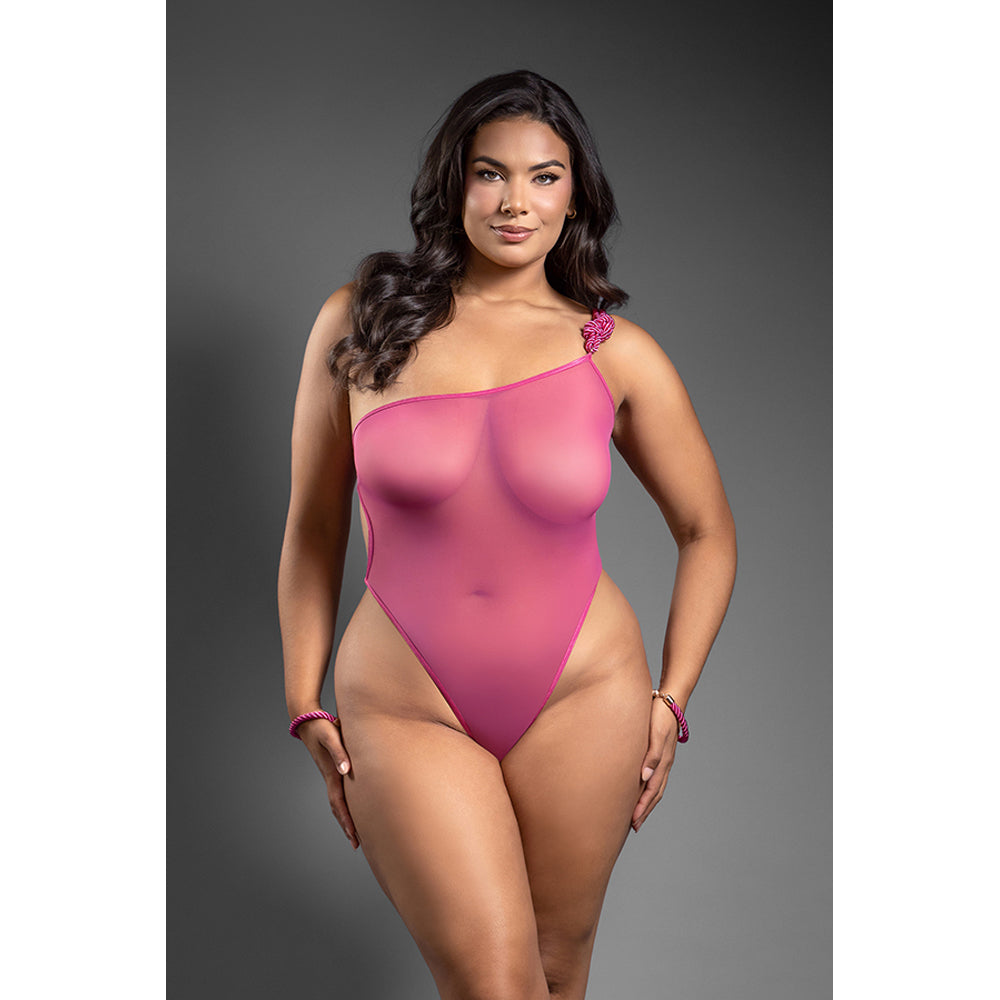 Fantasy Lingerie Rope Teddy & Cuffs Pink Queen Size featuring one-shoulder silhouette and sheer mesh design.