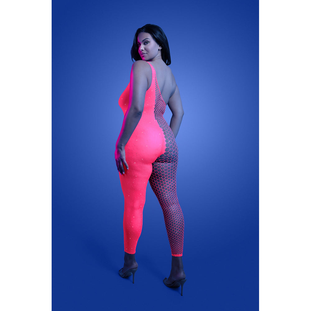 Model wearing Fantasy Lingerie Hyperdrive Rhinestone Bodystocking Queen Size in a UV reactive design with a vibrant glow.