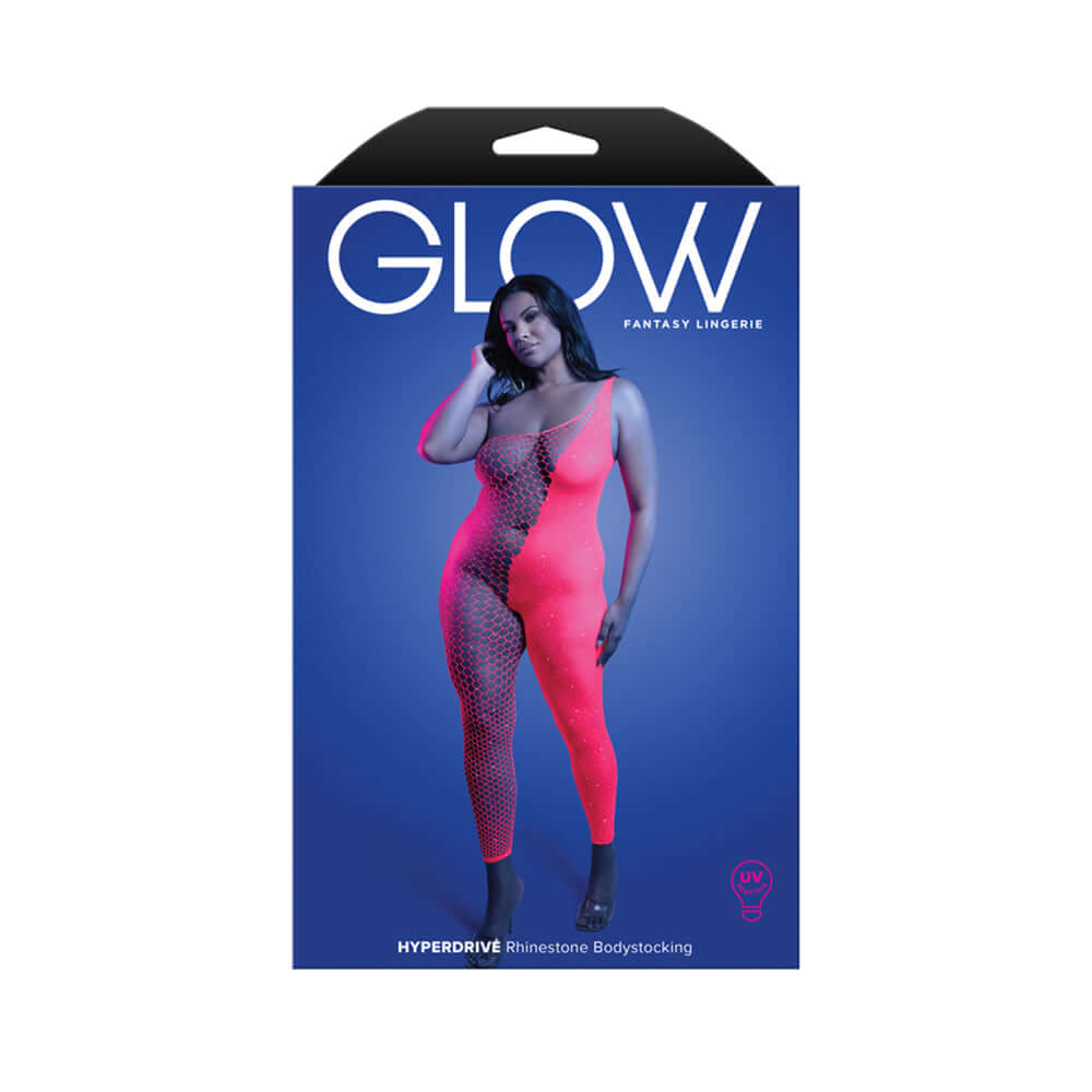 Fantasy Lingerie Hyperdrive Rhinestone Bodystocking Queen Size packaging featuring UV reactive design and alluring silhouette.