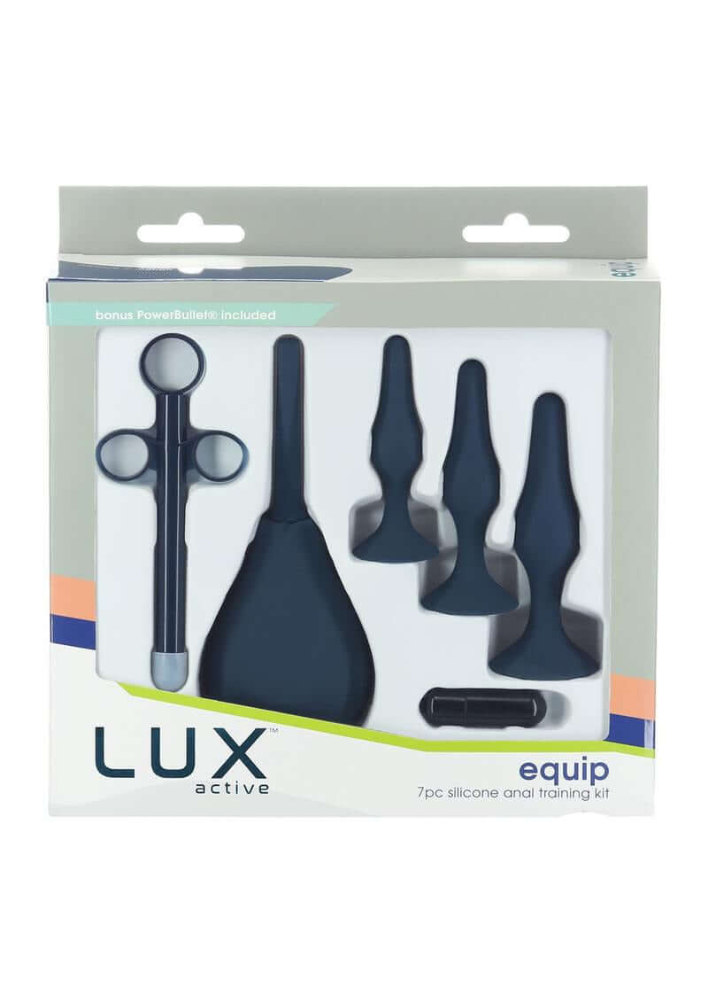 LUX Active Equip Anal Explorer Kit Blue featuring 7 silicone training accessories for comfortable anal play.