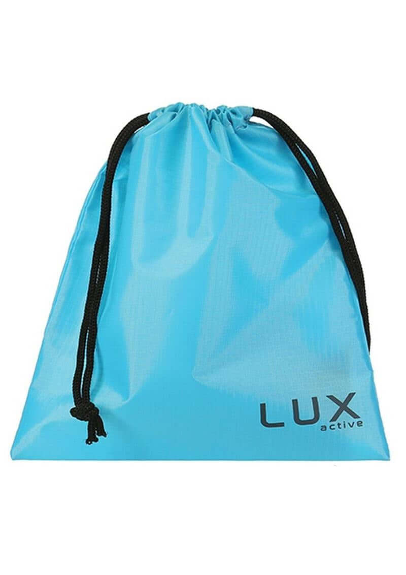 LUX Active Equip Anal Explorer Kit Blue storage bag in vibrant blue with black drawstring.