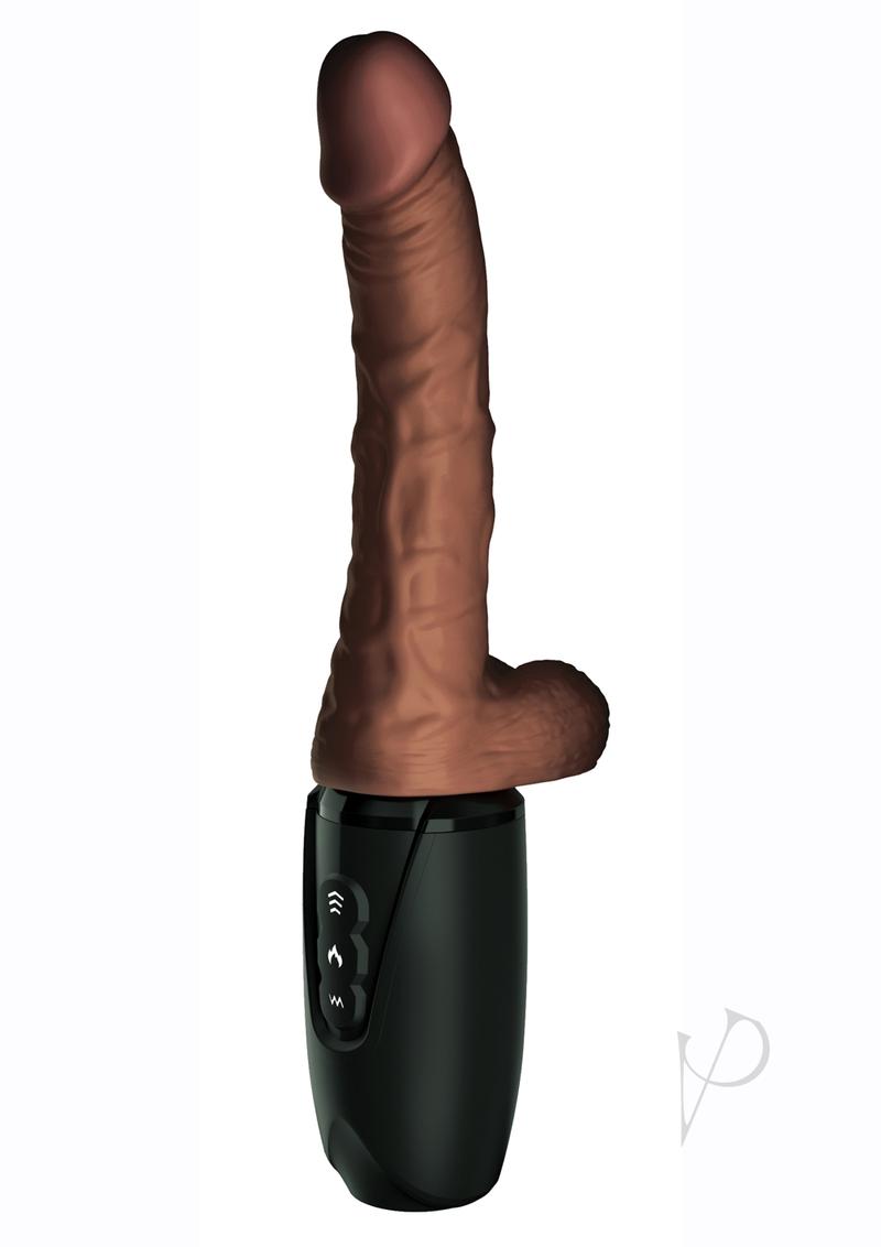 King Cock Plus Thrusting Dildo with Balls 7.5 inch Chocolate on a black base with control buttons.