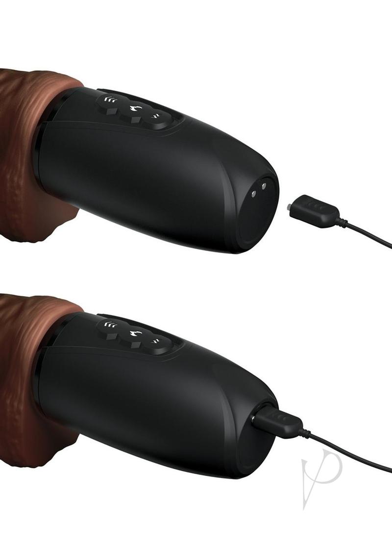King Cock Plus Thrusting Dildo with Balls 7.5 inch Chocolate, triple-action vibrator with piston-powered thrusting.