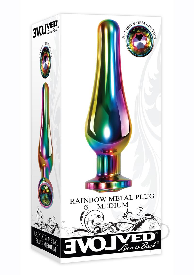 Evolved Rainbow Metal Anal Plug Medium Gem with colorful design and rainbow gem base.