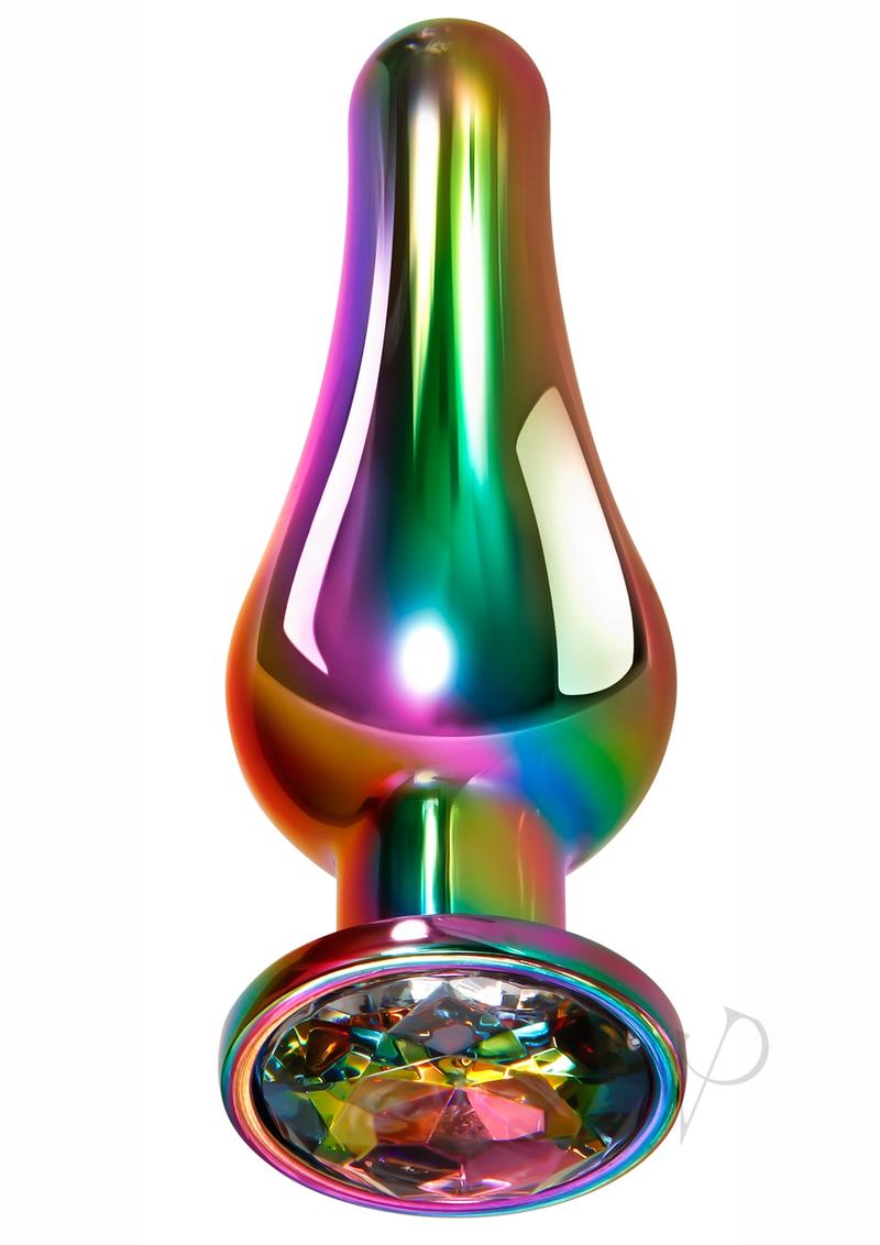 Evolved Rainbow Metal Anal Plug Large with a smooth metal finish and rainbow gem base, designed for advanced players.