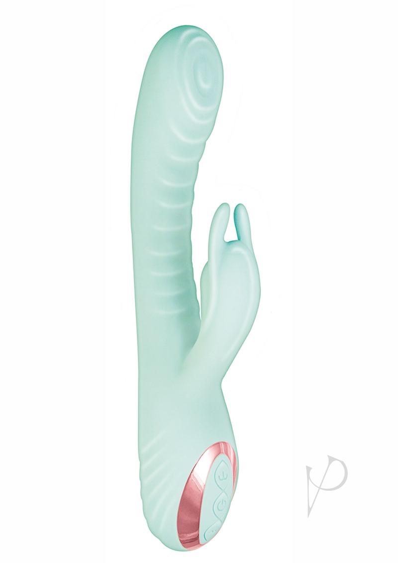 Exciter Thumping G-Spot Rechargeable Rabbit Vibrator Aqua in aqua color with dual stimulation features.