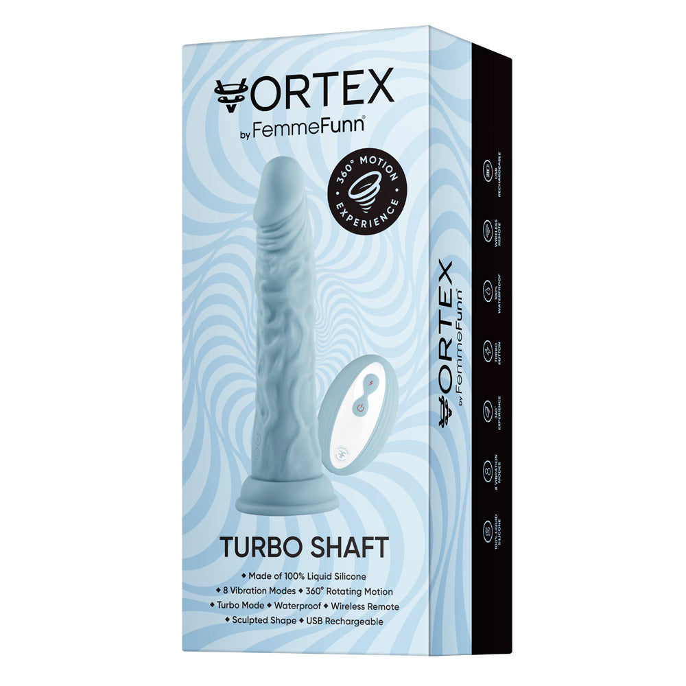Femmefunn Wireless Turbo Shaft Realistic Vibrator Light Blue packaging showcasing its design and features.