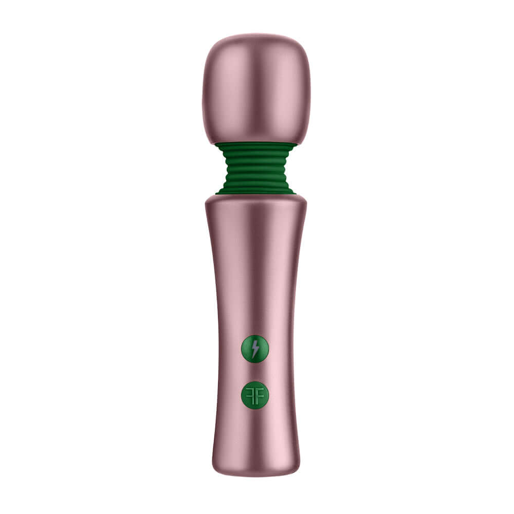Femmefunn Bougie Wand Massager Rose Gold, sleek metallic massager with power buttons and textured grip.