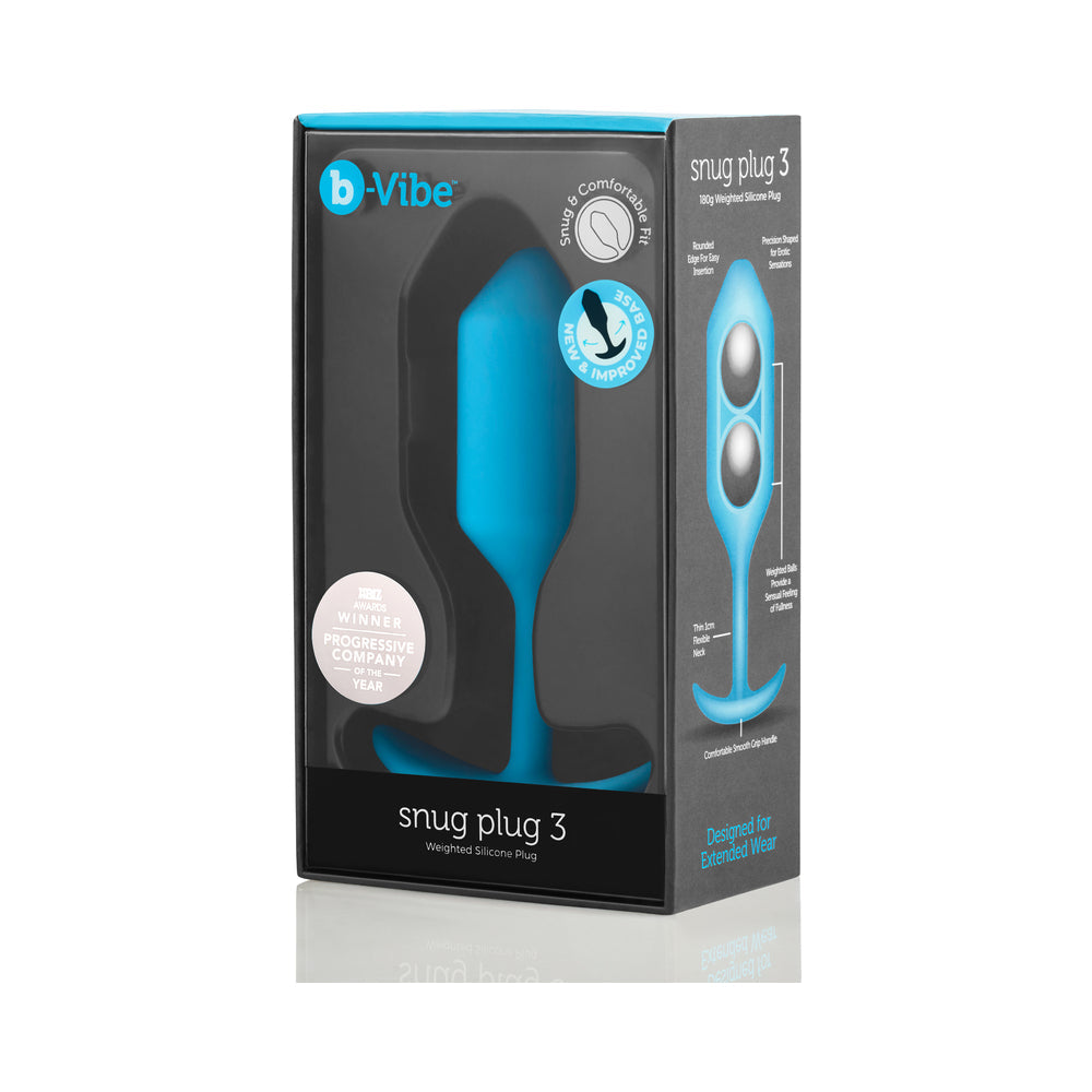 b-Vibe Snug Plug 3 Weighted Silicone Anal Plug Teal packaging with ergonomic design and weighted balls.