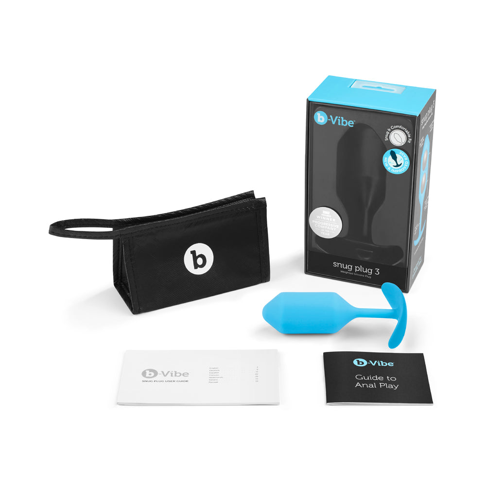 b-Vibe Snug Plug 3 Weighted Silicone Anal Plug Teal with packaging and guide for anal play