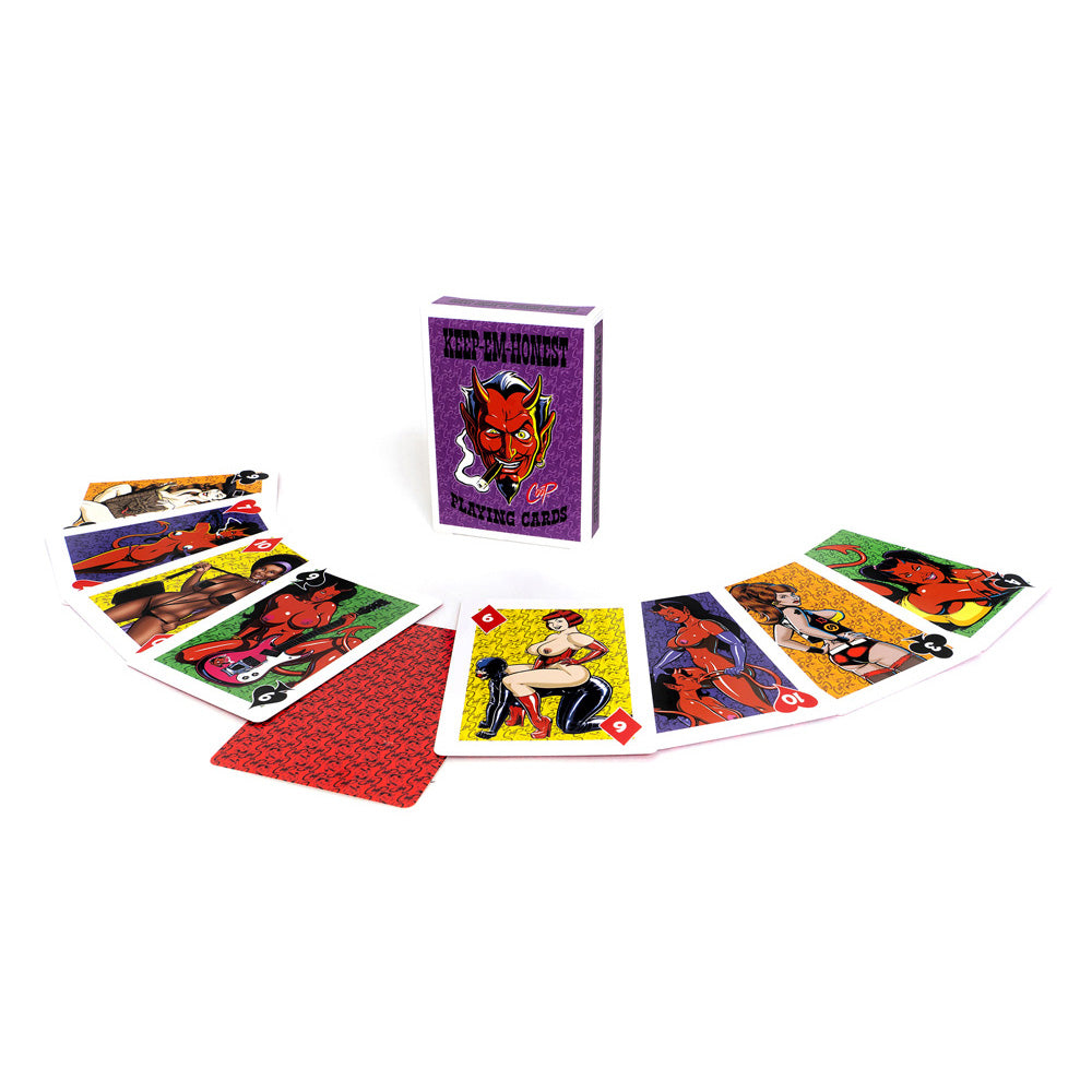 Coop's Keep-Em-Honest Pinup Playing Cards featuring hand-drawn artwork of pinup girls and devil characters.