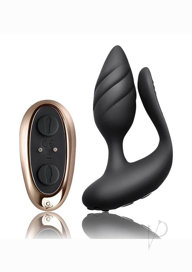 Cocktail Couples Vibrator with Remote Black Rose Gold next to its remote control, showcasing a sleek design.