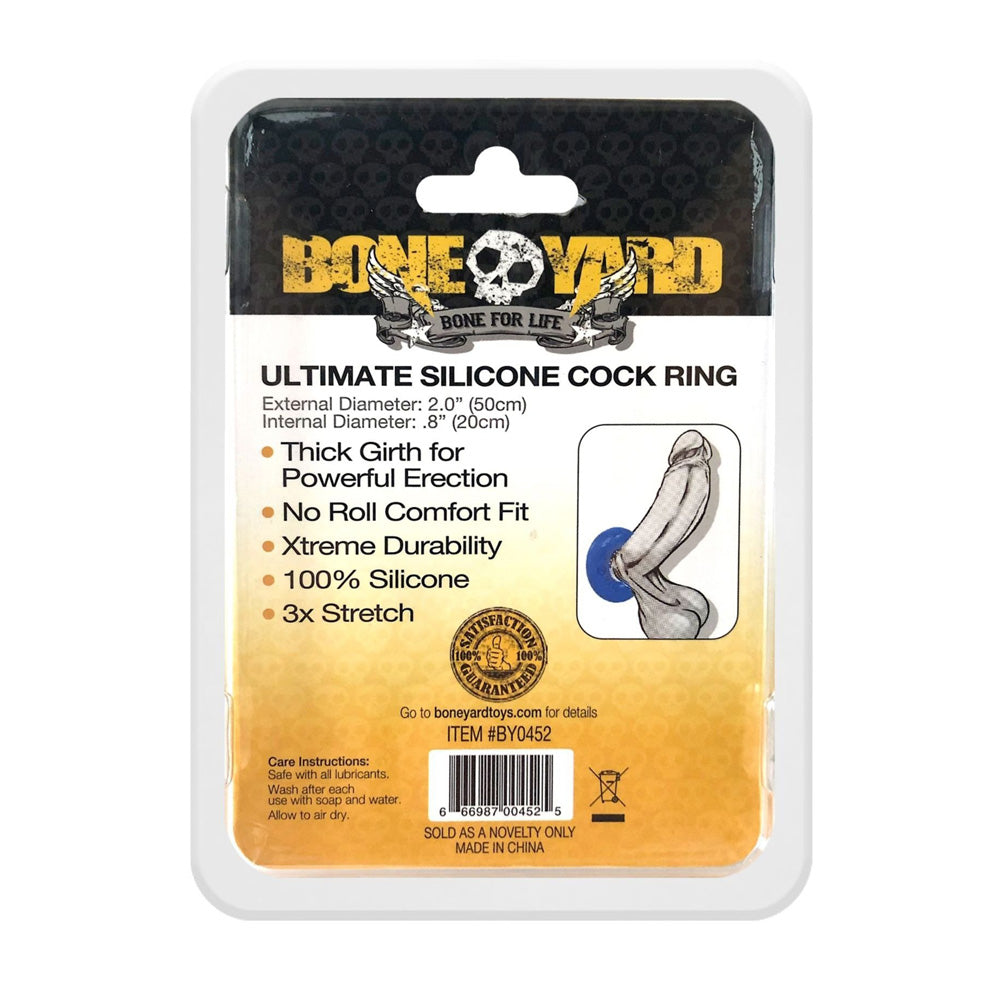 Boneyard Ultimate Silicone Cock Ring Blue packaging showcasing its features and dimensions for enhanced erections.