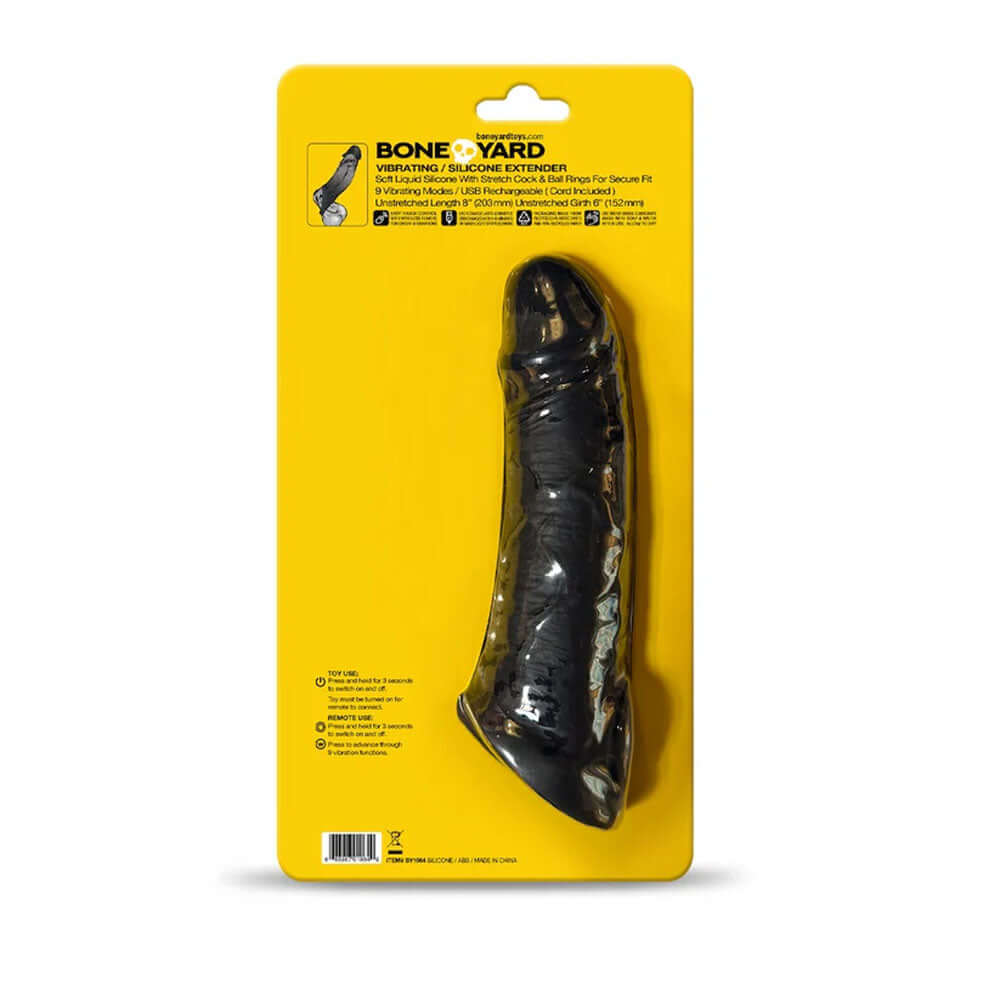 Boneyard Vibrating Extender with Remote Black in packaging, featuring a premium silicone sleeve and wireless control.
