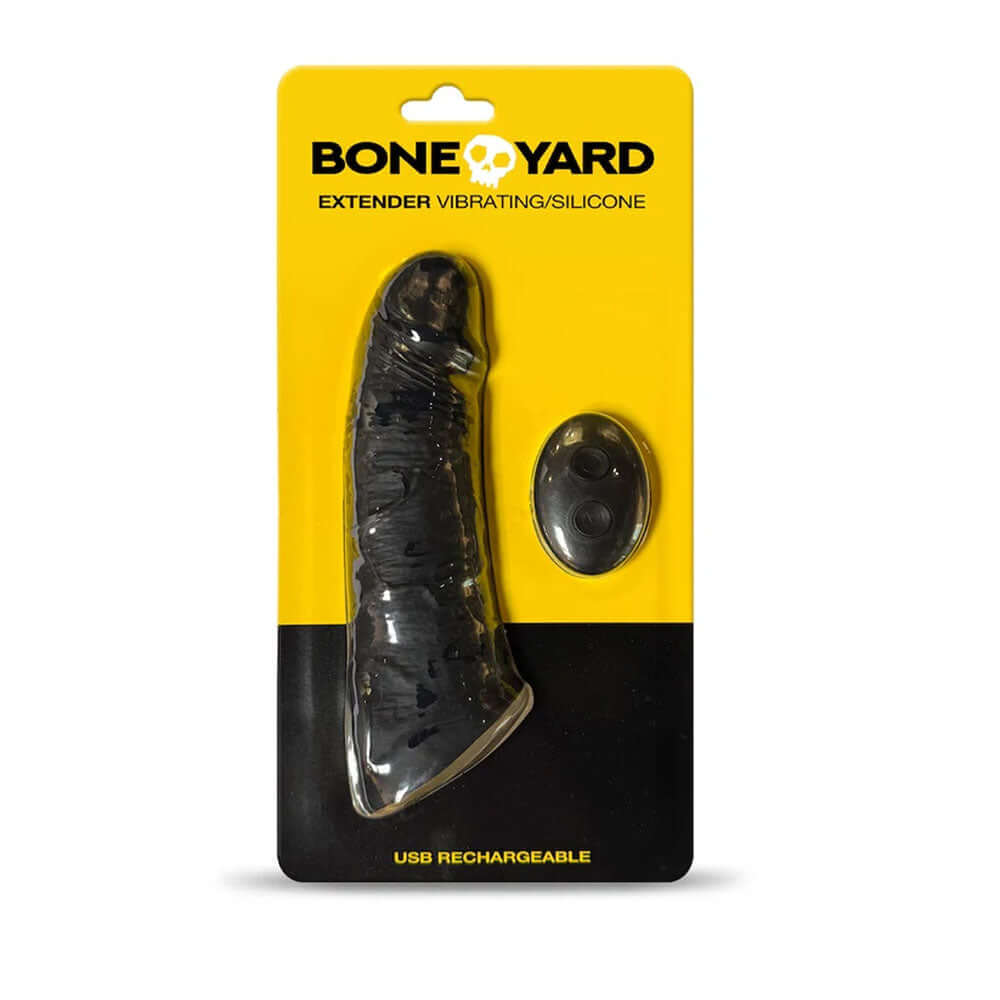Boneyard Vibrating Extender with Remote Black packaging showing a silicone sleeve and remote control.