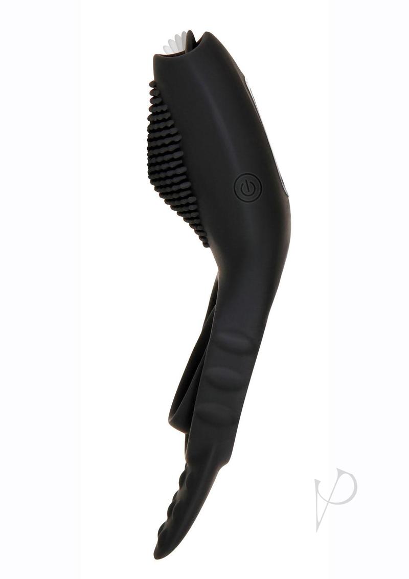 Mr Flicker Rechargeable Silicone Cock Ring Black side view with textured surface for enhanced stimulation.