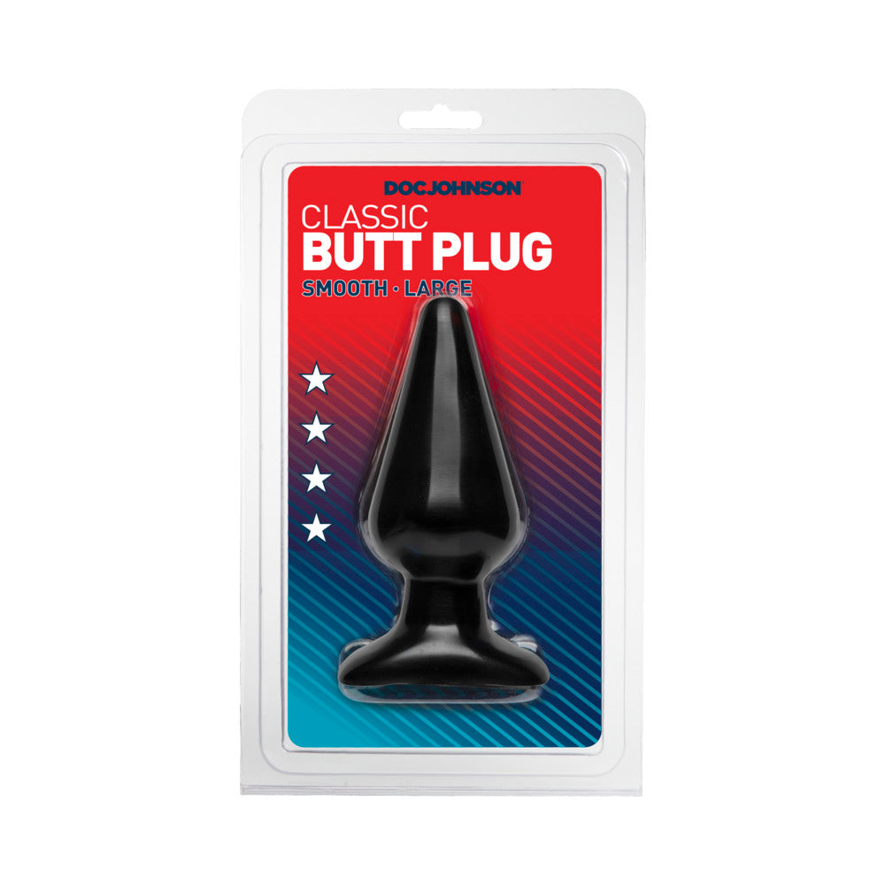 Doc Johnson Classic Butt Plug Large Black packaging featuring a smooth, tapered black butt plug.