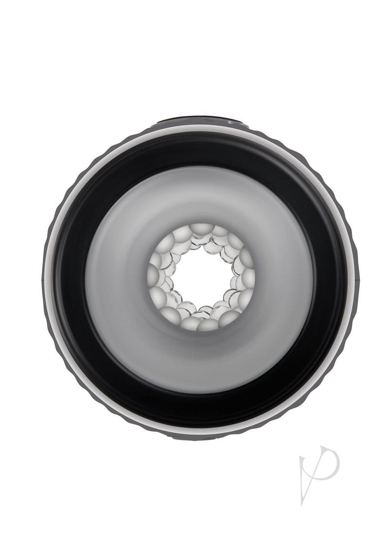 Top view of Gender X Barrel Of Fun Double Side Stroker Black showcasing its dual openings and textured inner channel.