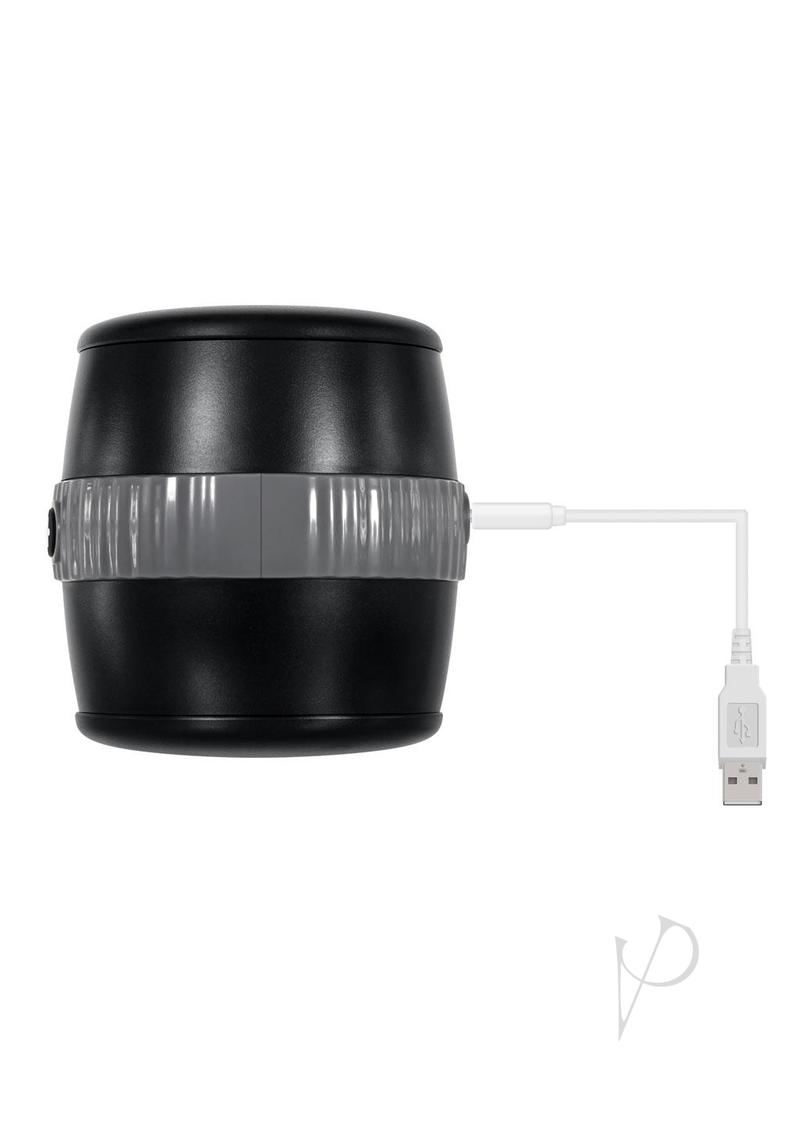 Gender X Barrel Of Fun Double Side Stroker Black, featuring a robust barrel shape with dual openings and USB connection.