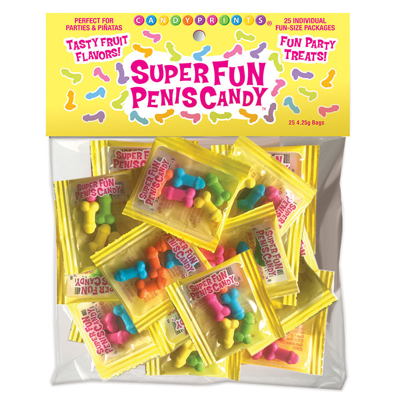 Super Fun Penis Candy Bag of 25 featuring colorful mini candy penis treats in individual packages for parties.