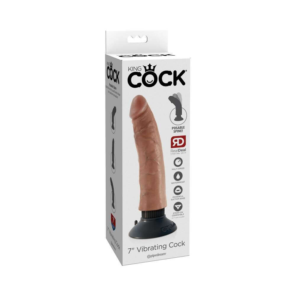 King Cock 7 inches Vibrating Cock Poseable Dildo With Suction Cup Tan