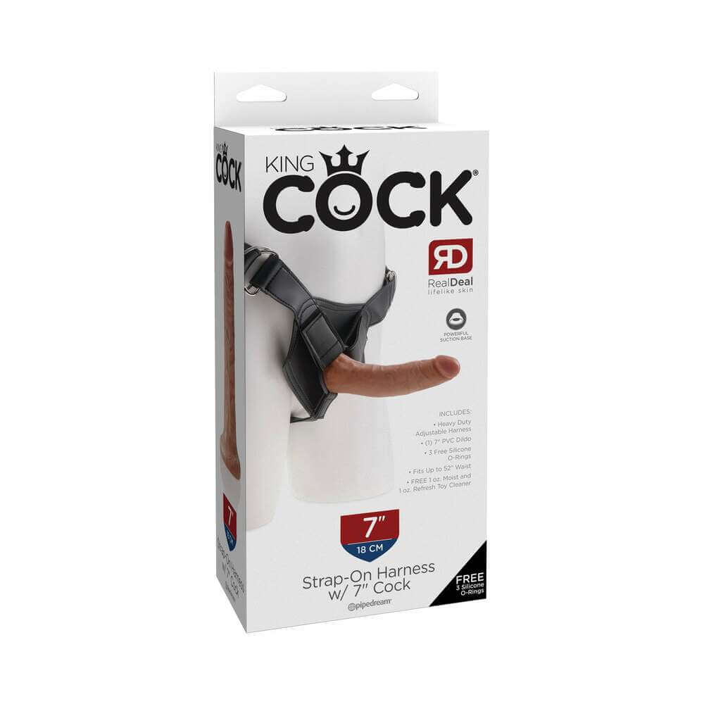 King Cock Strap-on Harness With 7 inches Cock Tan packaging featuring 7-inch realistic dildo and adjustable harness.
