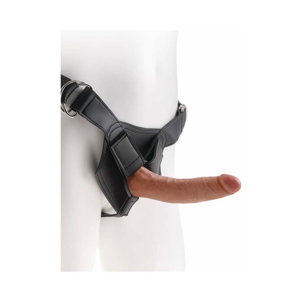 King Cock Strap-on Harness With 7 inches Cock Tan displayed on a harness for realistic pleasure.