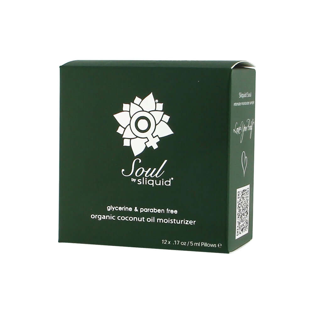 Sliquid Soul Organic Coconut Oil Lubricant 0.17 Oz 12 Pack box featuring organic coconut oil moisturizer.