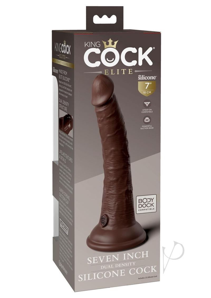 King Cock Elite Dual Density Silicone Dildo 7 inch Chocolate product packaging with lifelike design and premium materials.