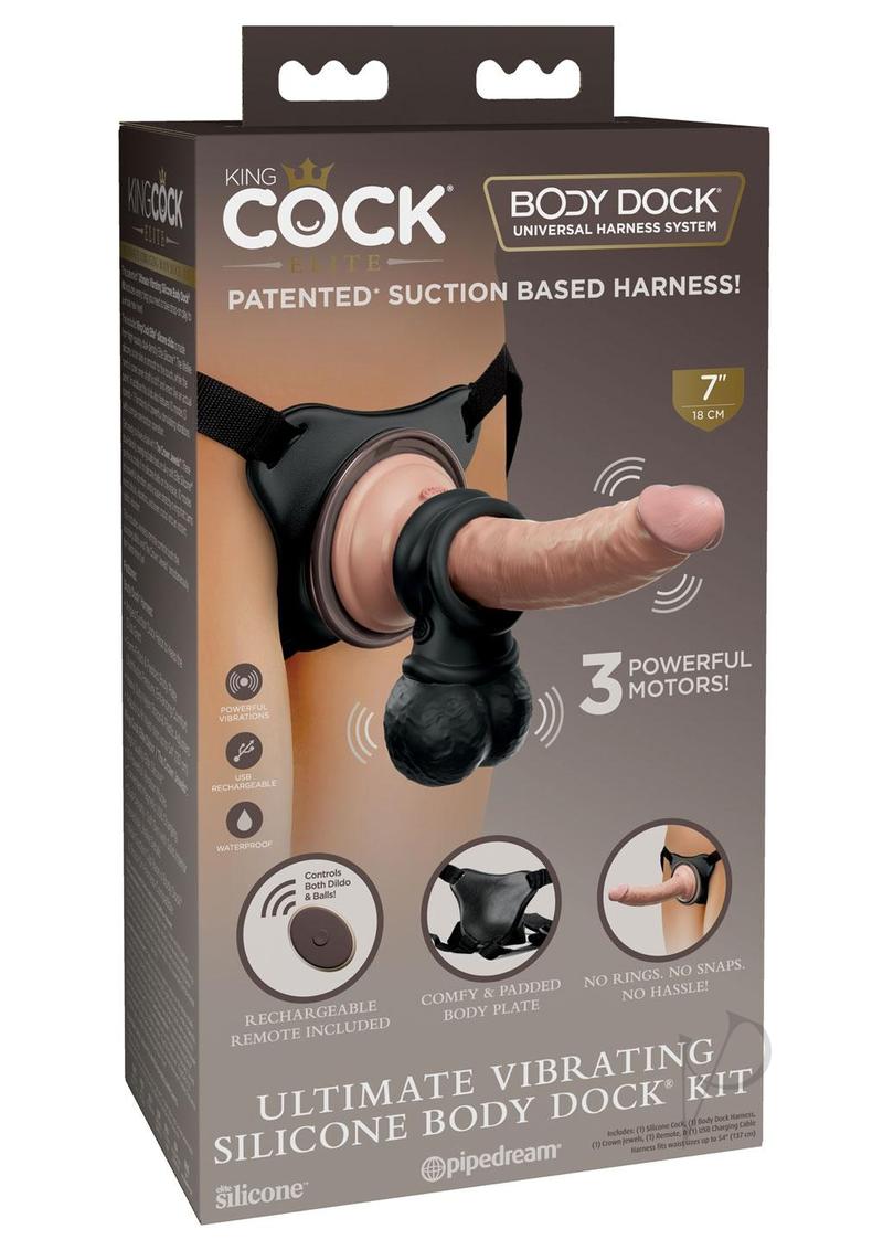 King Cock Elite Vibrating Body Dock Kit 8 Inch Vanilla packaging featuring the versatile strap-on system.