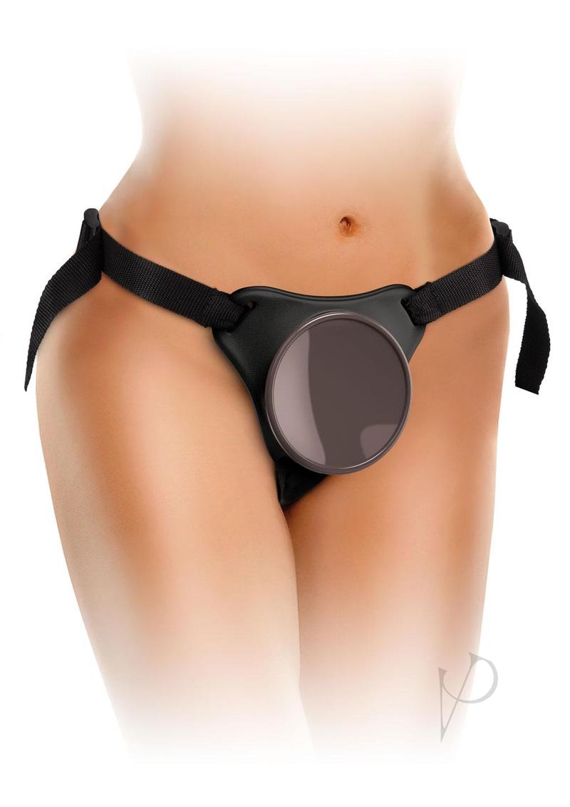 King Cock Elite Vibrating Body Dock Kit 8 Inch Vanilla harness close-up, showing the secure strap-on system.